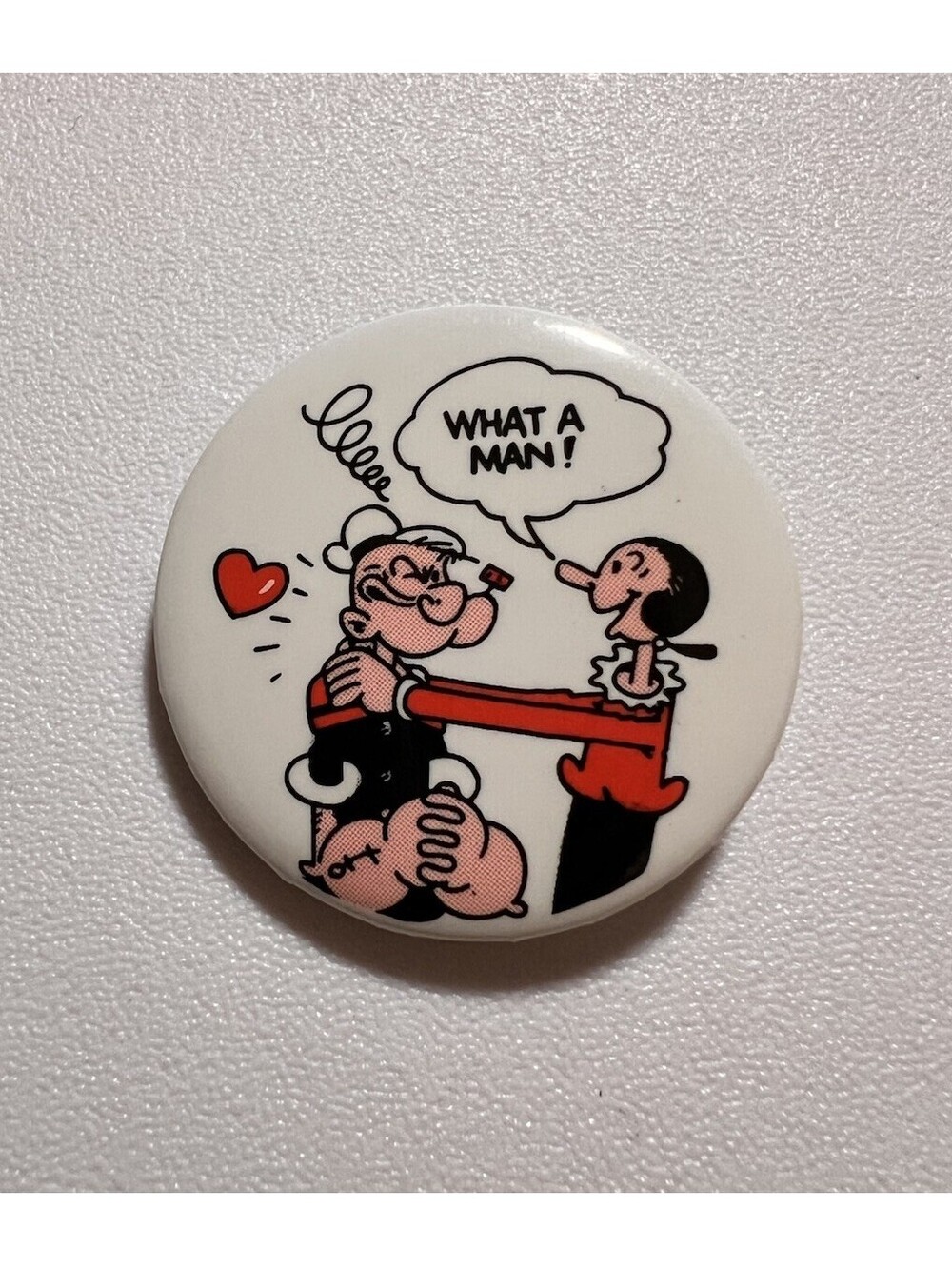 Vintage Popeye and Olive "What A Man" Pinback Button Lapel Pin